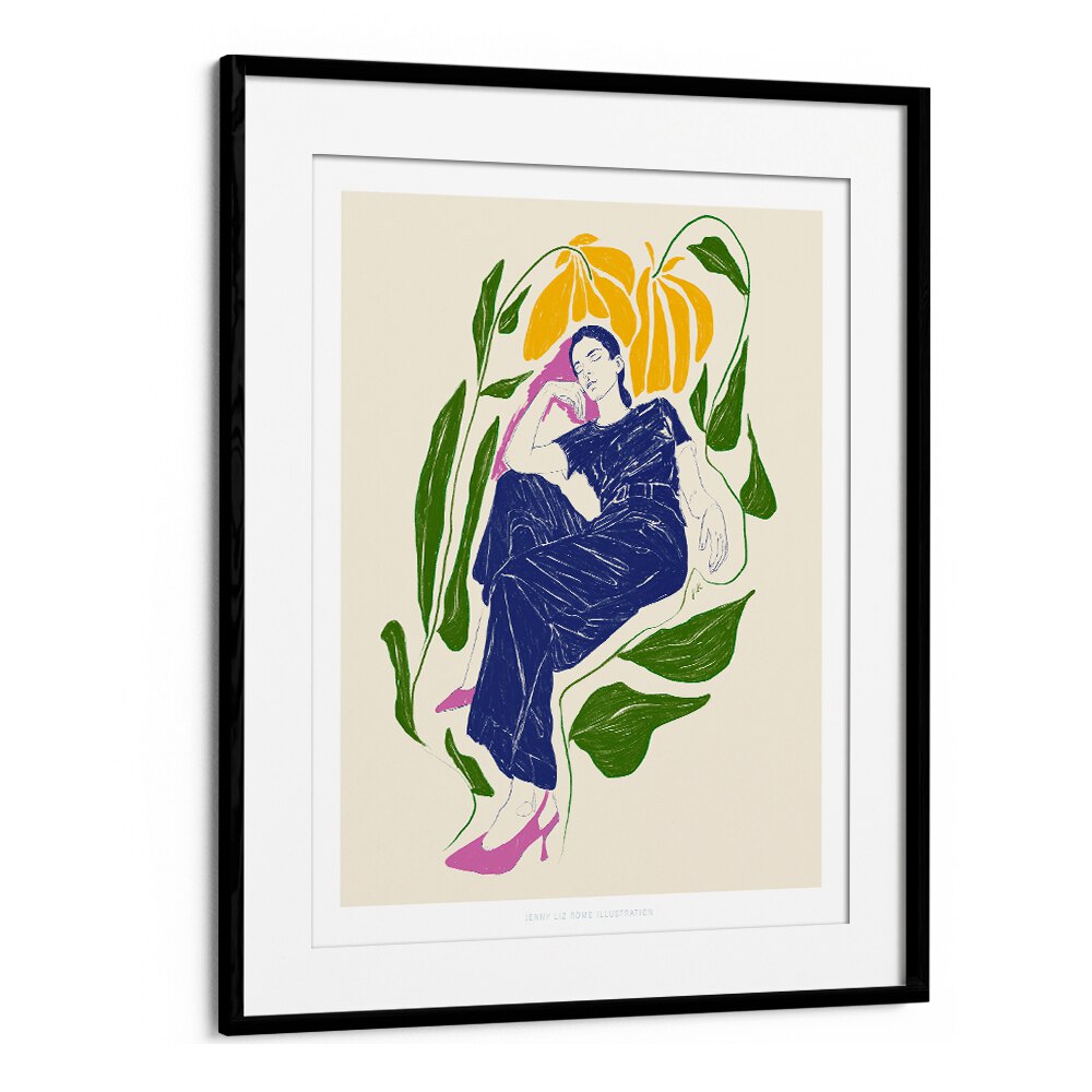 jlr quiet in the garden portraits-figurative illustrations in Black Frame With Mount