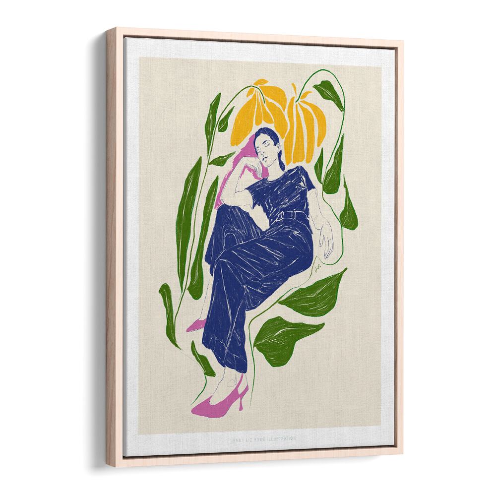 jlr quiet in the garden portraits-figurative illustrations in Oak Wood Floater Frame