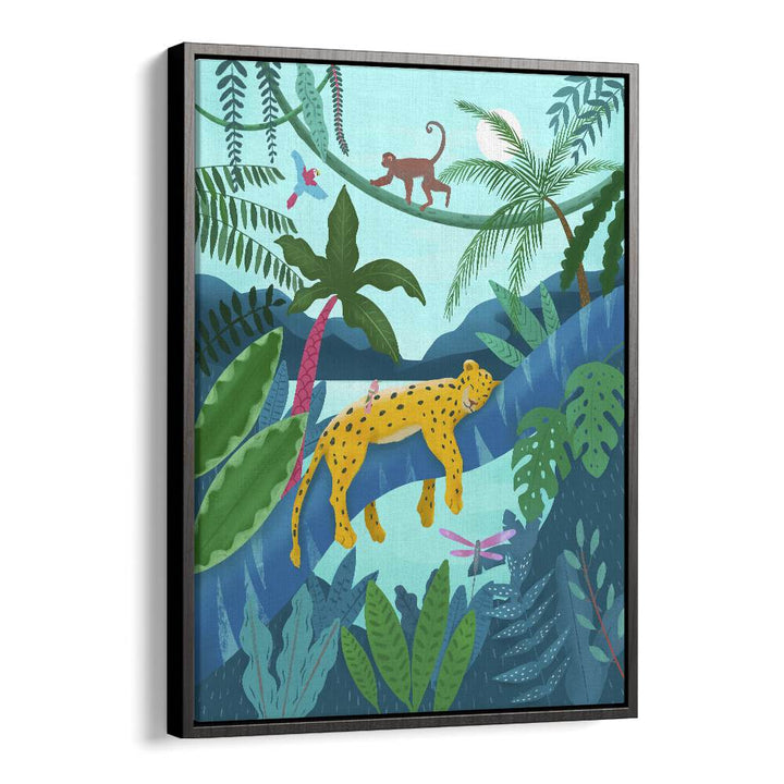 jungle leopard by petra lidze kids room art in Black Floater Frame