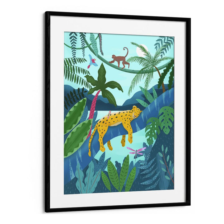 jungle leopard by petra lidze kids room art in Black Frame With Mount