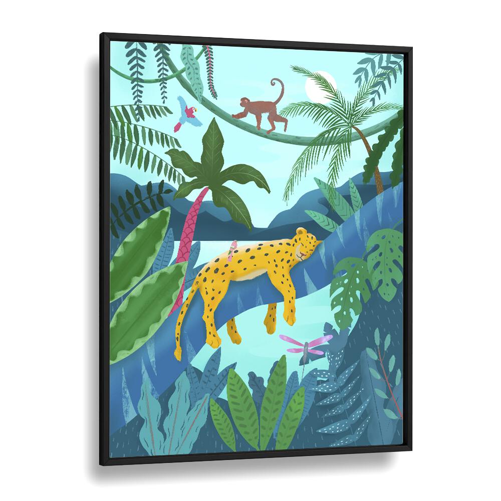 jungle leopard by petra lidze kids room art in Black Plain Frame