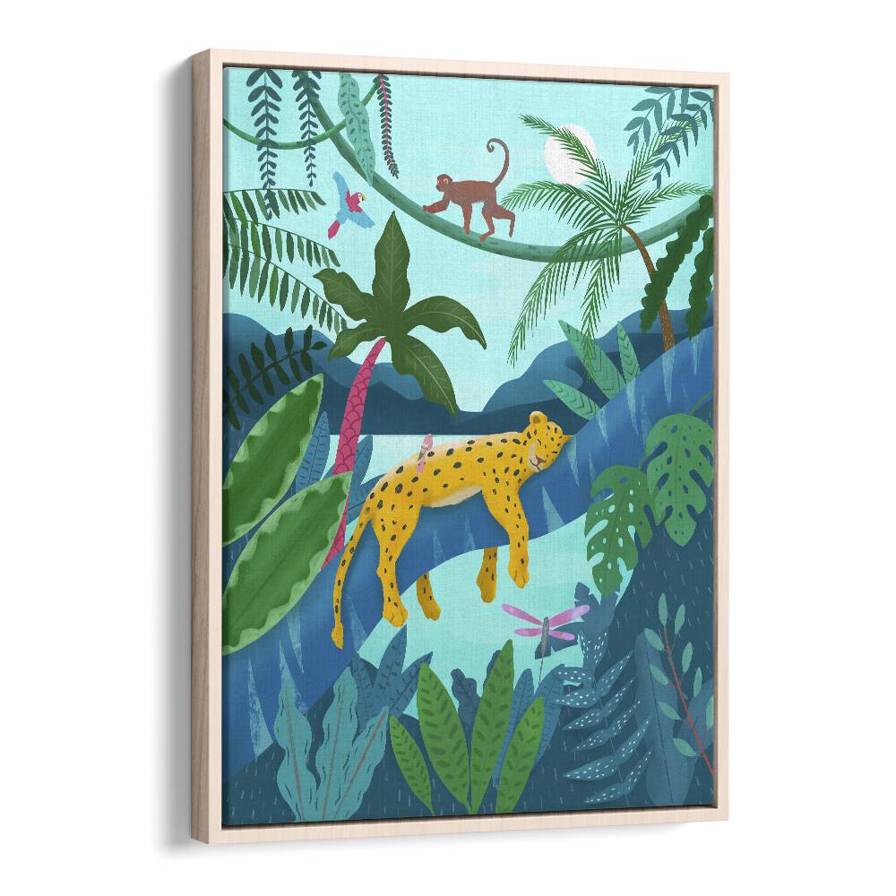 jungle leopard by petra lidze kids room art in Oak Wood Floater Frame