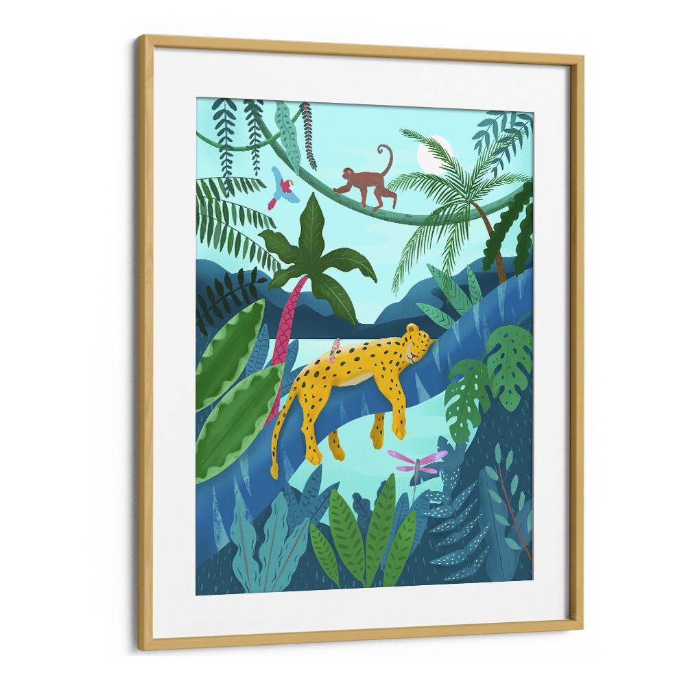 jungle leopard by petra lidze kids room art in Oak Wood Frame With Mount