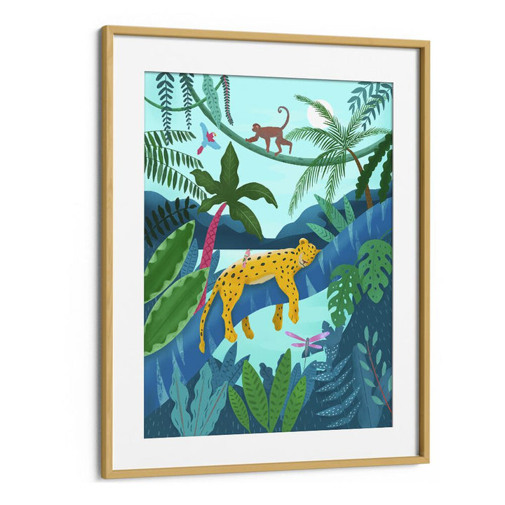 jungle leopard by petra lidze kids room art in Oak Wood Frame With Mount