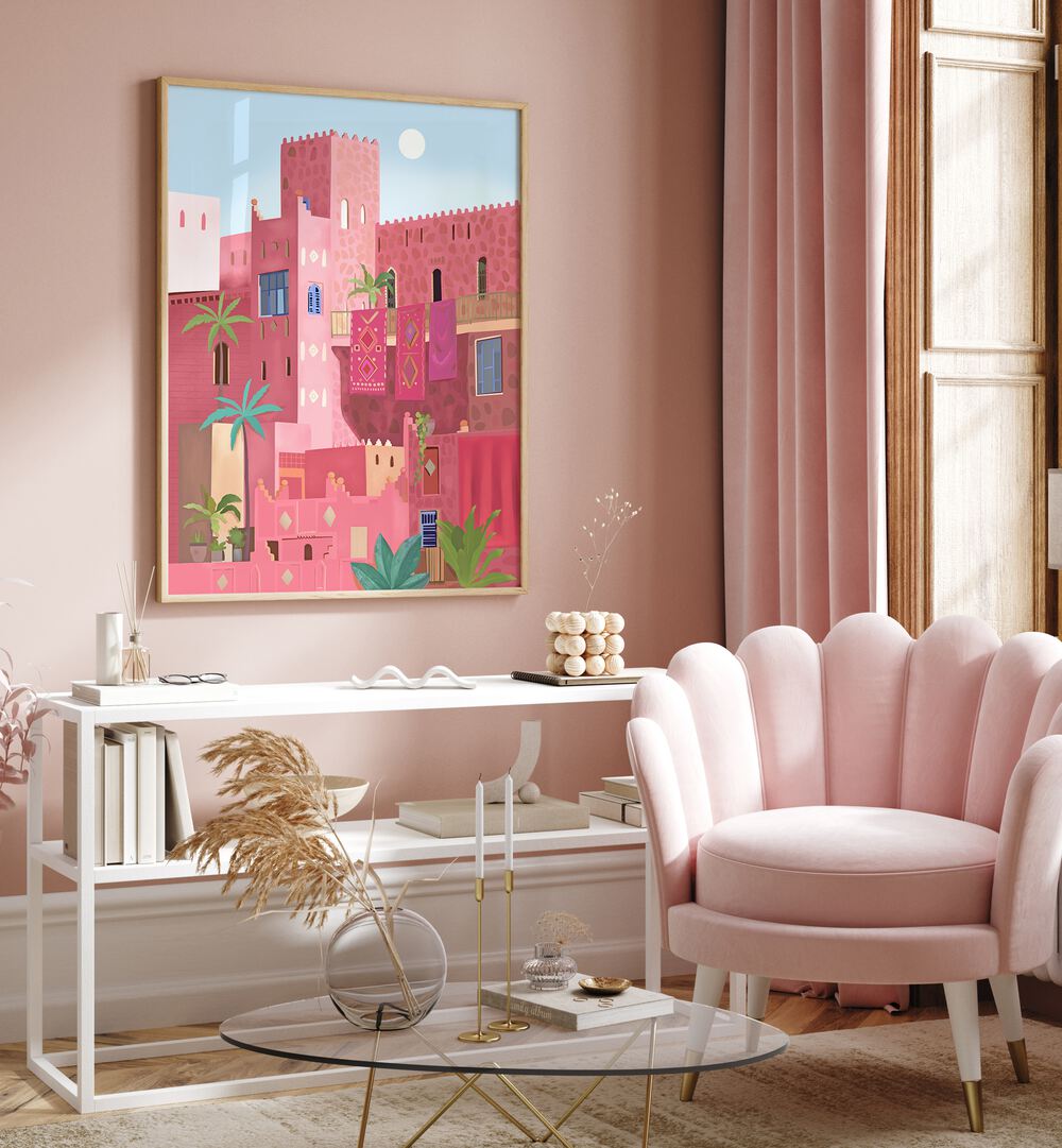 kashbah by petra lidze travel posters Artwork III placed on a wall near pink sofa