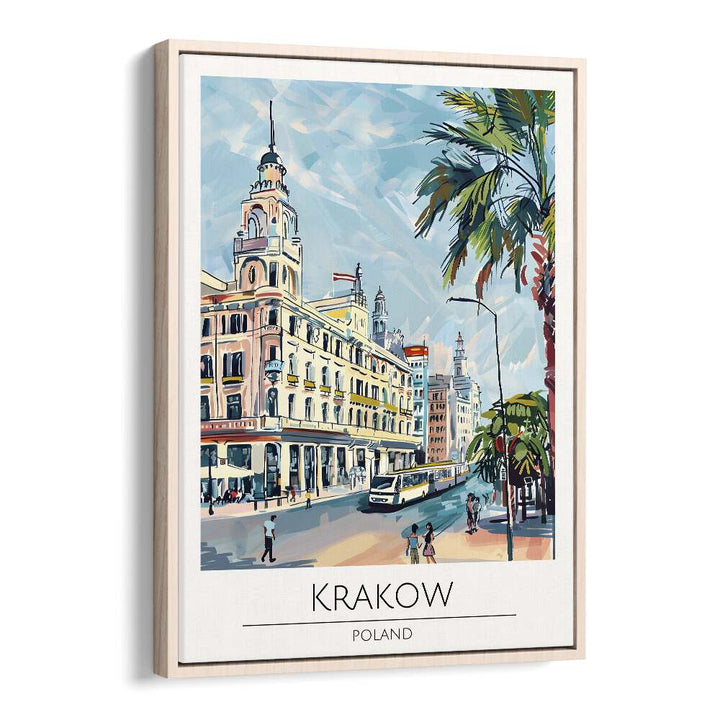 krakow-poland travel posters in Oak Wood Floater Frame