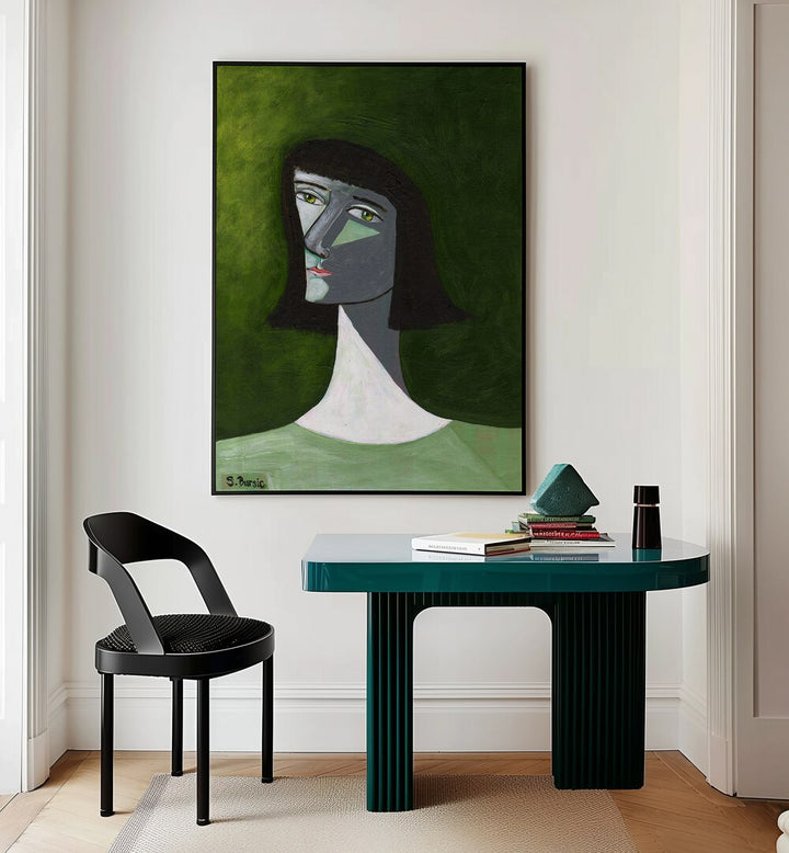 lady in green women illustration paintings Artwork II placed on a wall