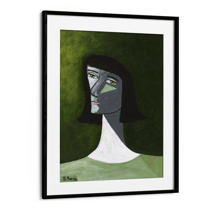 lady in green women illustration paintings in Black Frame With Mount