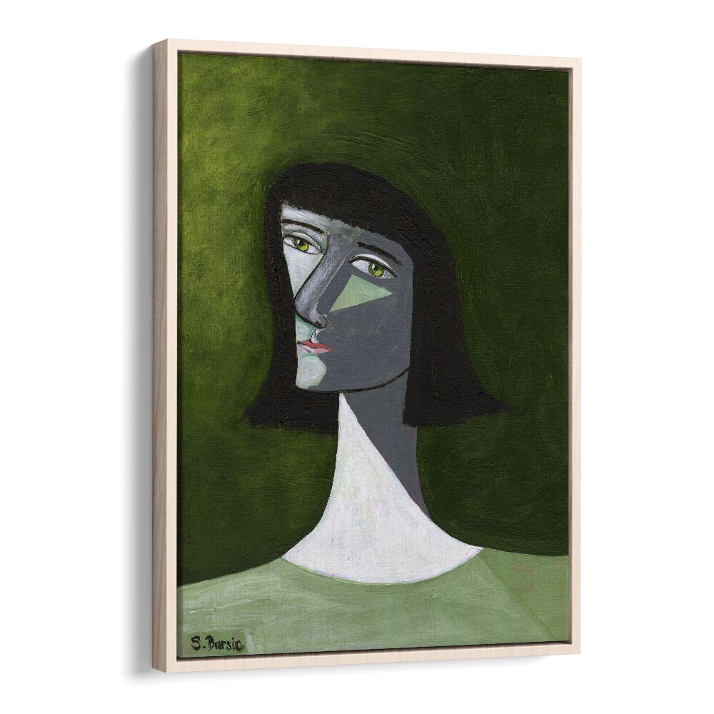 lady in green women illustration paintings in Oak Wood Floater Frame