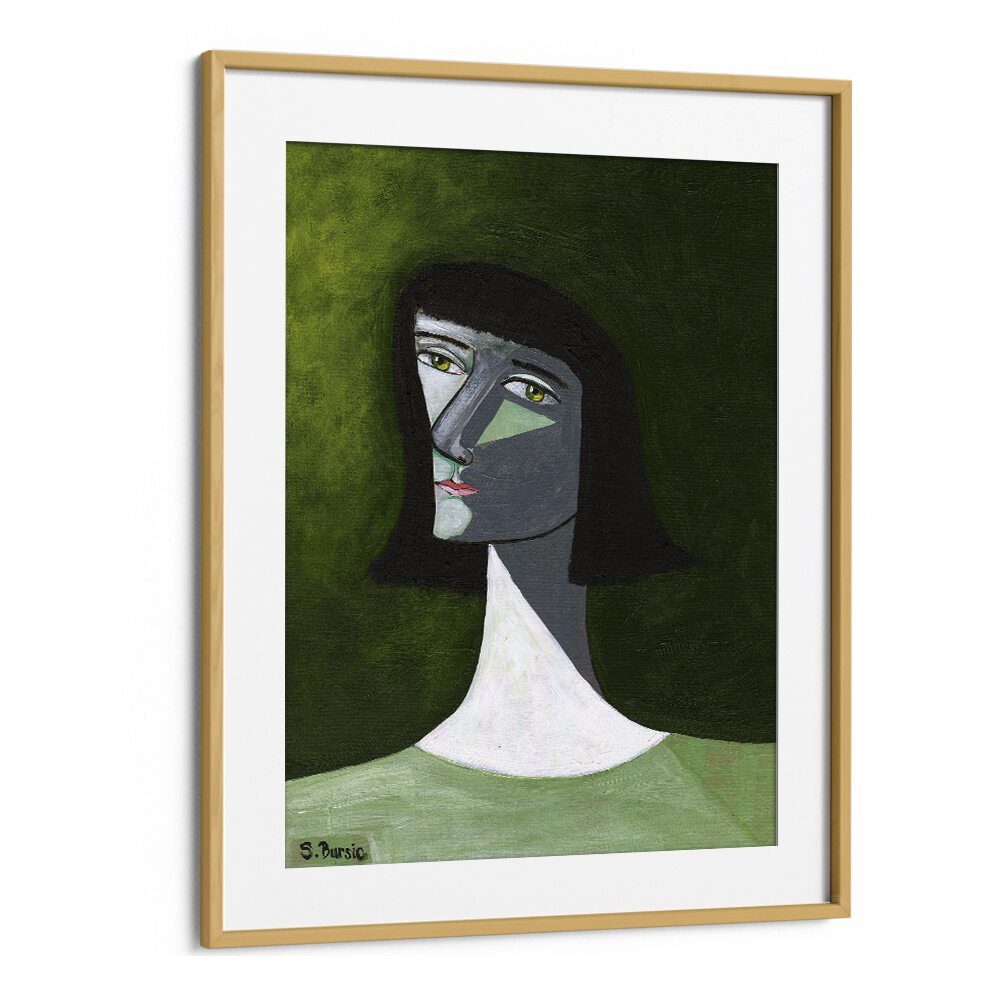 lady in green women illustration paintings in Oak Wood Frame With Mount