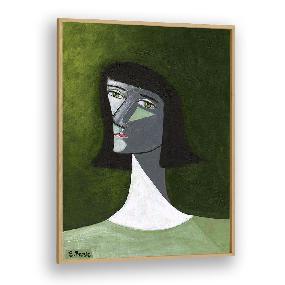 lady in green women illustration paintings in Oak Wood Plain Frame