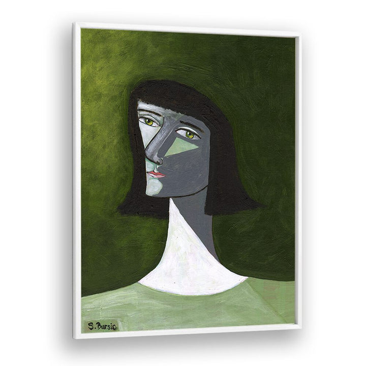 lady in green women illustration paintings in White Plain Frame