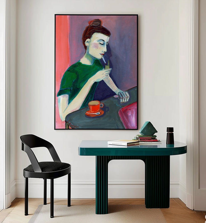 lady lighting cigarette women illustration paintings Artwork II placed on a wall