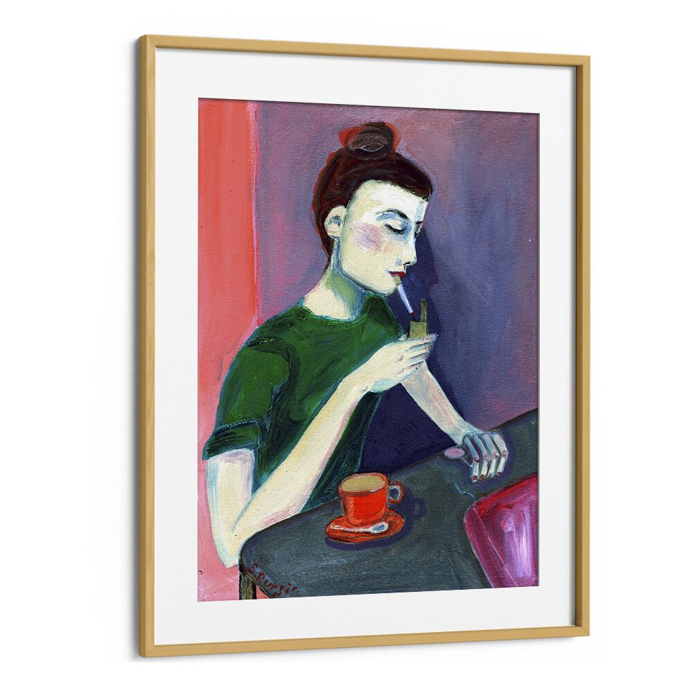 lady lighting cigarette women illustration paintings in Oak Wood Frame With Mount