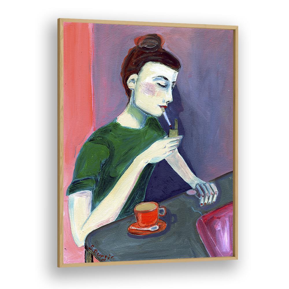 lady lighting cigarette women illustration paintings in Oak Wood Plain Frame