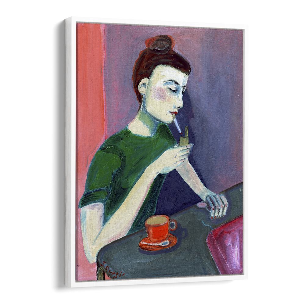 lady lighting cigarette women illustration paintings in White Floater Frame