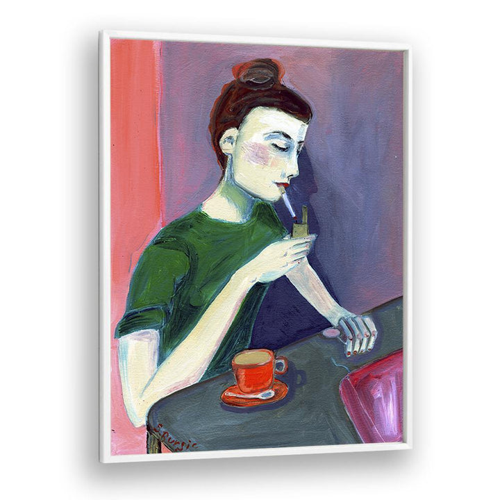 lady lighting cigarette women illustration paintings in White Plain Frame