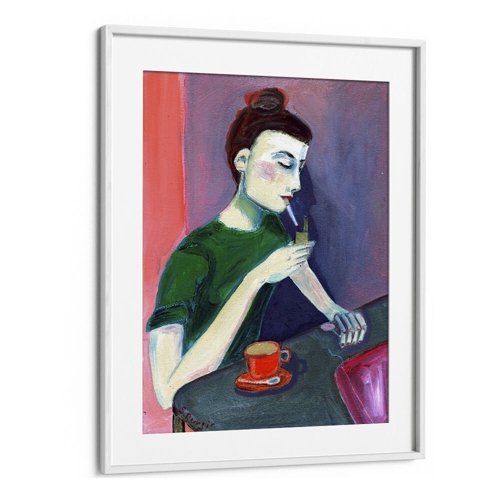 lady lighting cigarettewomen illustration paintings in White Frame With Mount