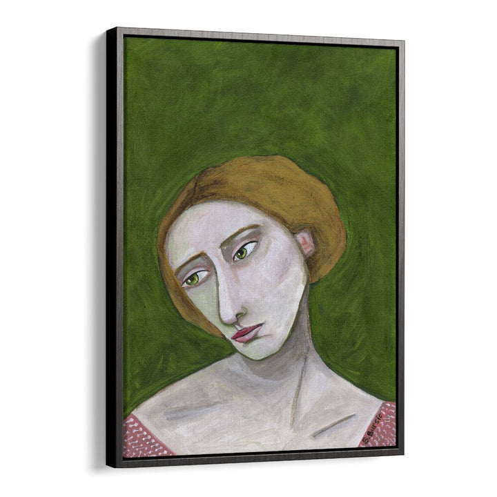 lady looking down women illustration paintings in Black Floater Frame