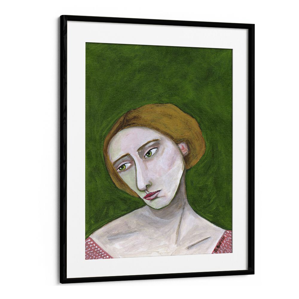 lady looking down women illustration paintings in Black Frame With Mount