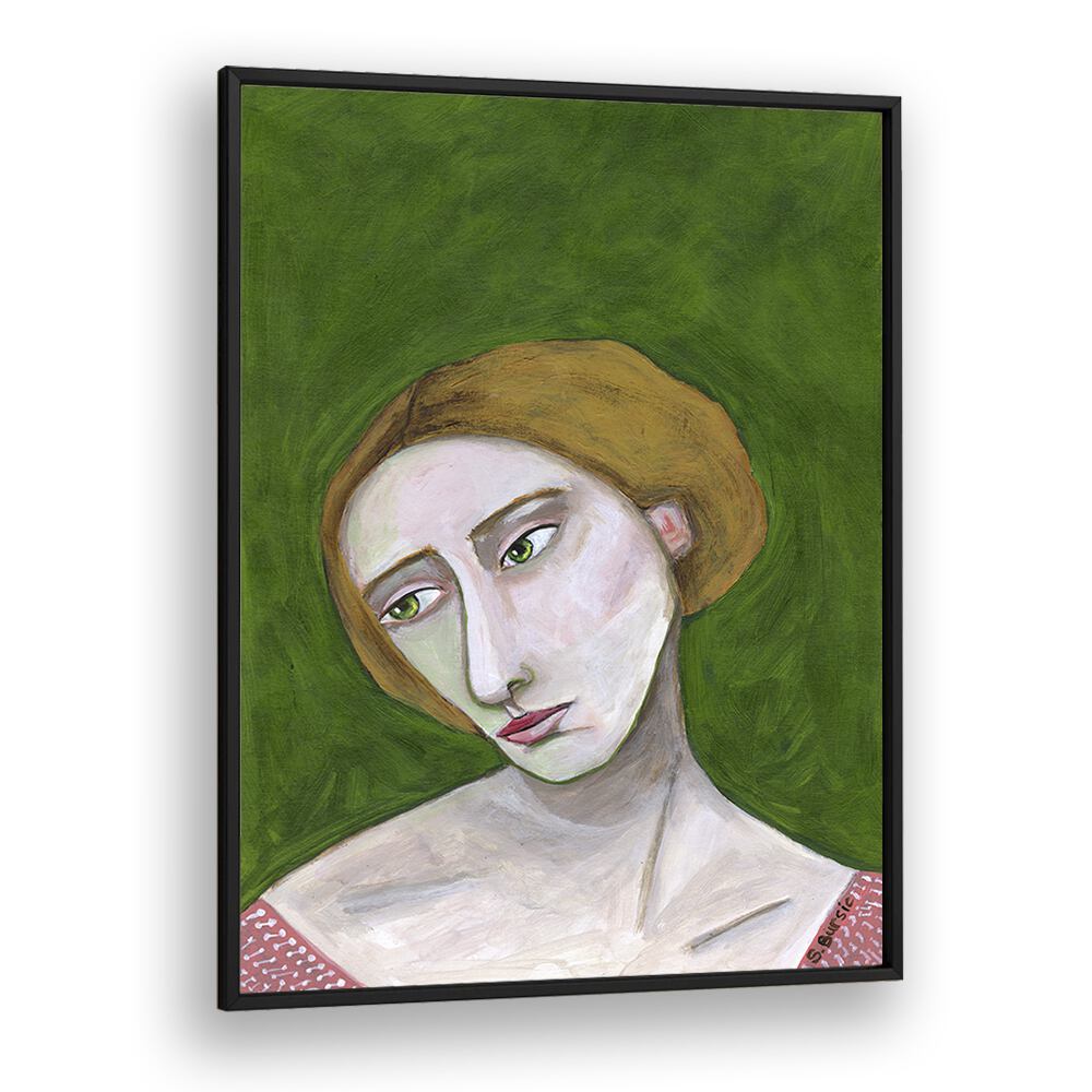 lady looking down women illustration paintings in Black Plain Frame