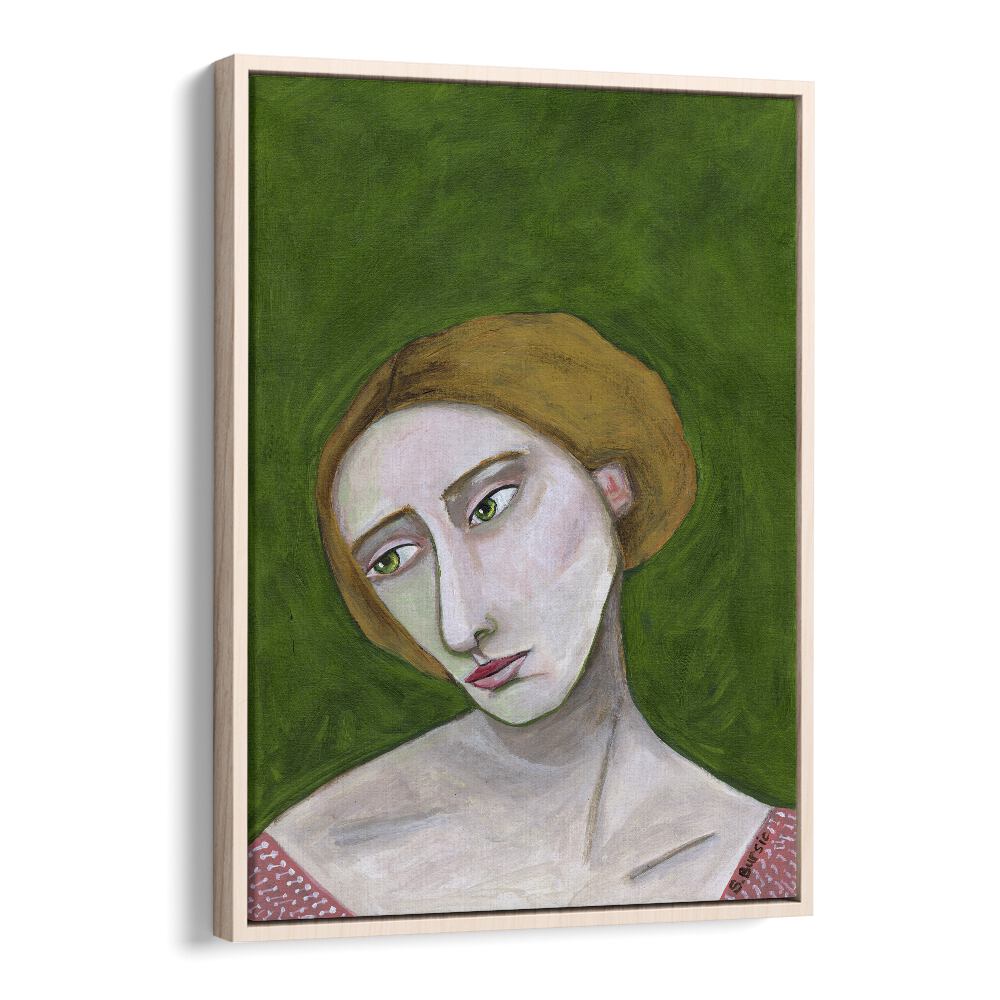 lady looking down women illustration paintings in Oak Wood Floater Frame