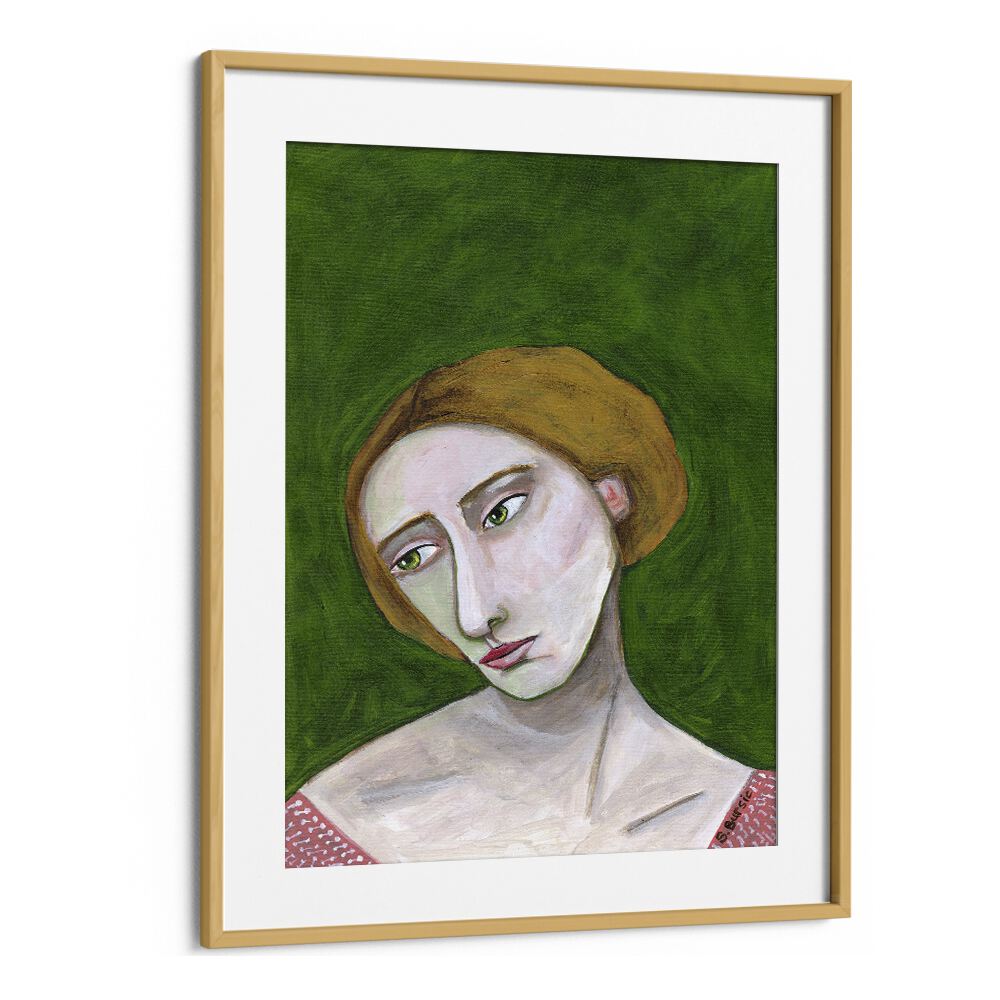 lady looking down women illustration paintings in Oak Wood Frame With Mount