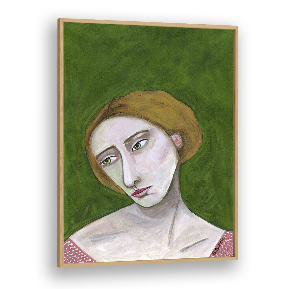 lady looking down women illustration paintings in Oak Wood Plain Frame