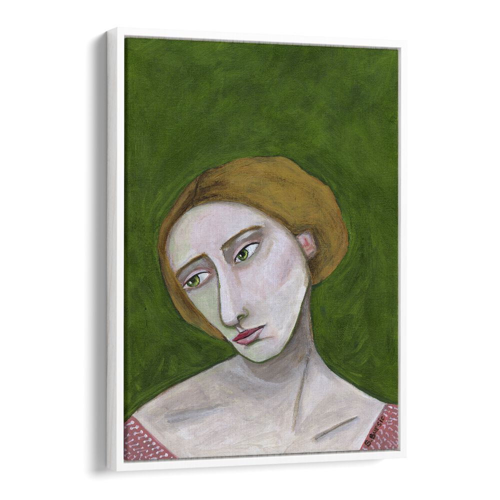 lady looking down women illustration paintings in White Floater Frame