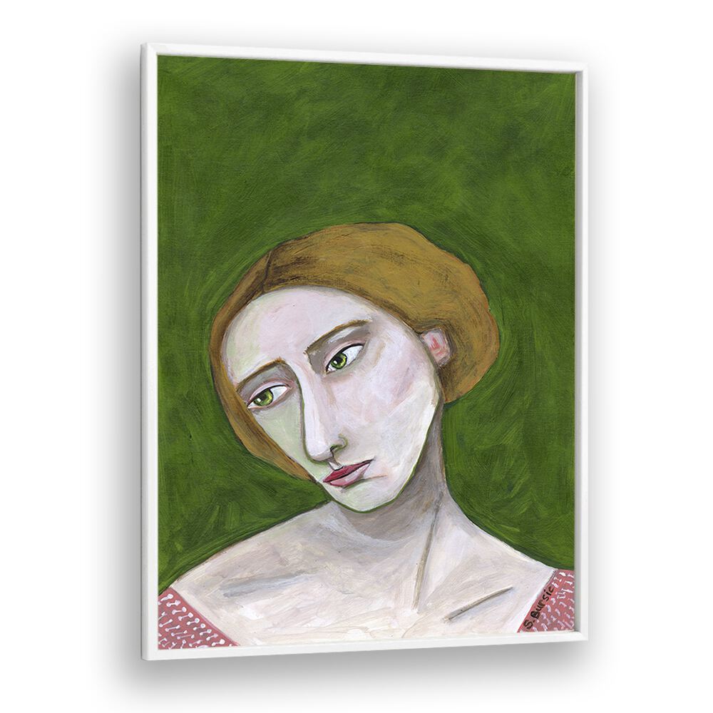 lady looking down women illustration paintings in White Plain Frame