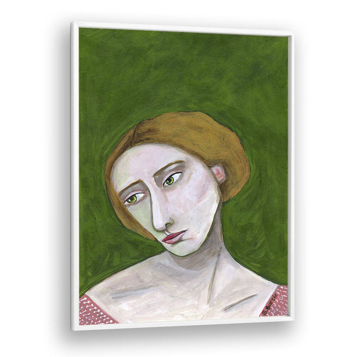 lady looking down women illustration paintings in White Plain Frame