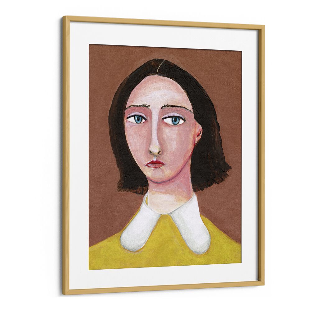 lady looking women illustration paintings in Oak Wood Frame With Mount