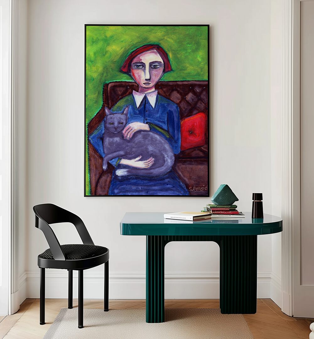 lady on couch with cat women illustration paintings Artwork II placed on a wall