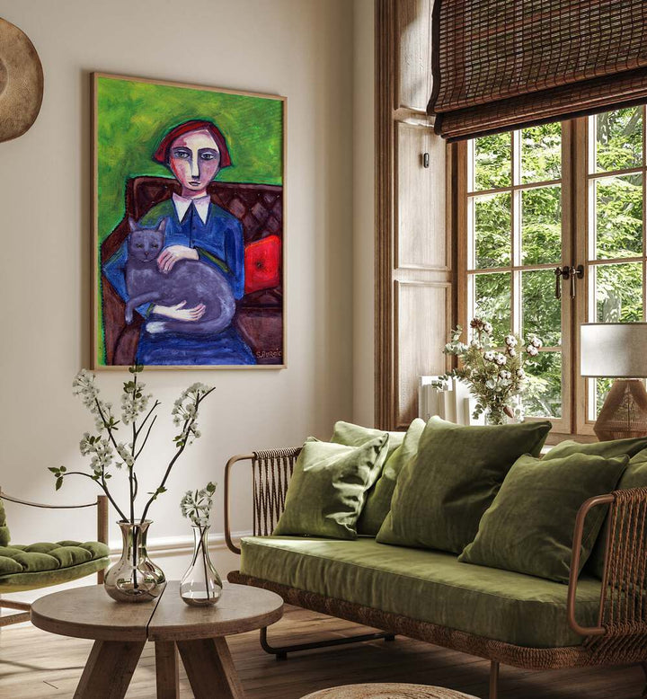 lady on couch with cat women illustration paintings Artwork III placed on a wall