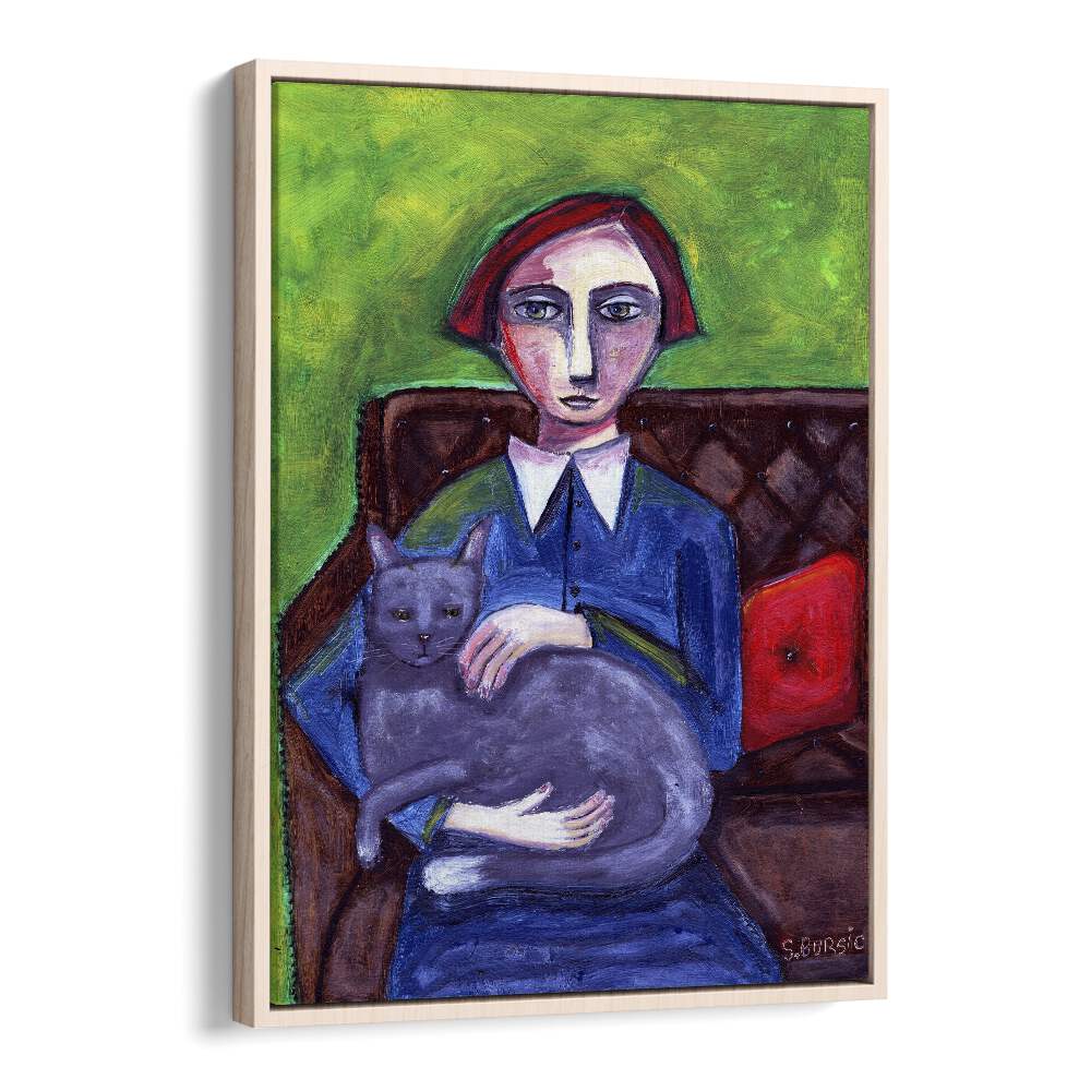 lady on couch with cat women illustration paintings in Oak Wood Floater Frame