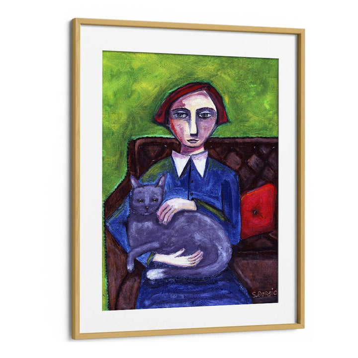 lady on couch with cat women illustration paintings in Oak Wood Frame With Mount