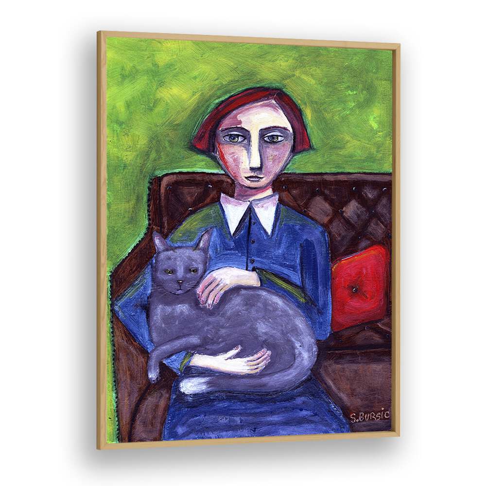 lady on couch with cat women illustration paintings in Oak Wood Plain Frame