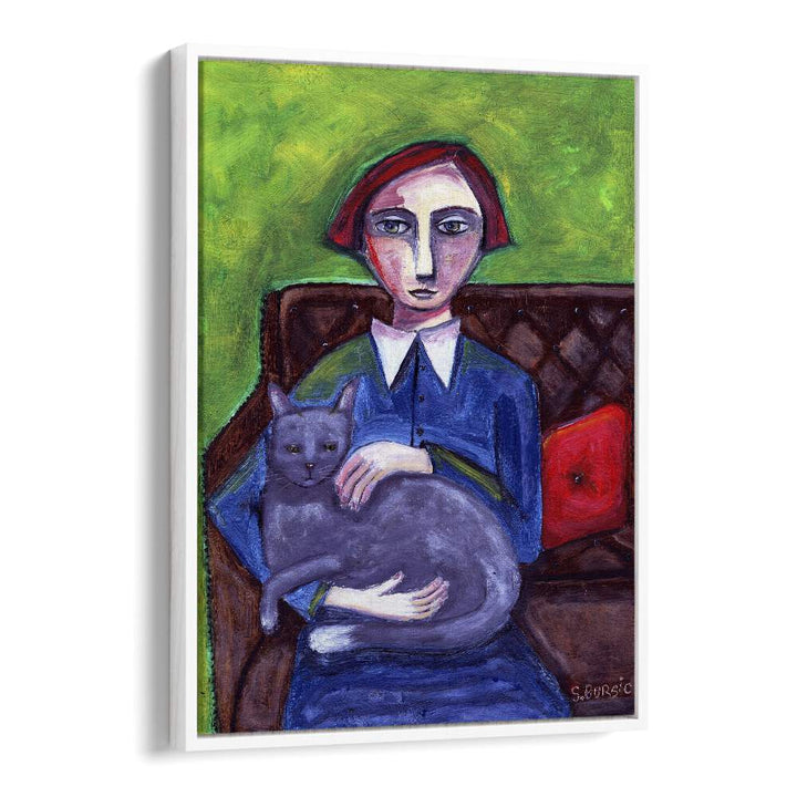 lady on couch with cat women illustration paintings in White Floater Frame