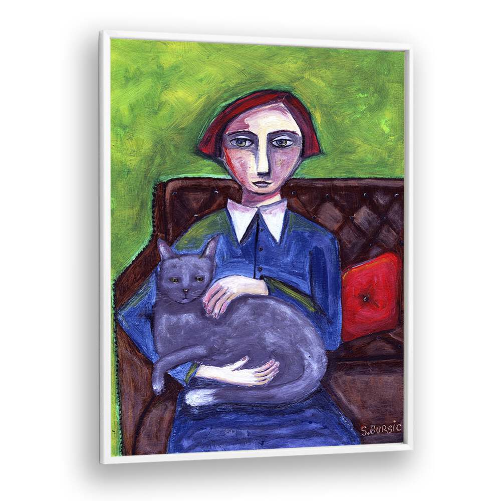 lady on couch with cat women illustration paintings in White Plain Frame