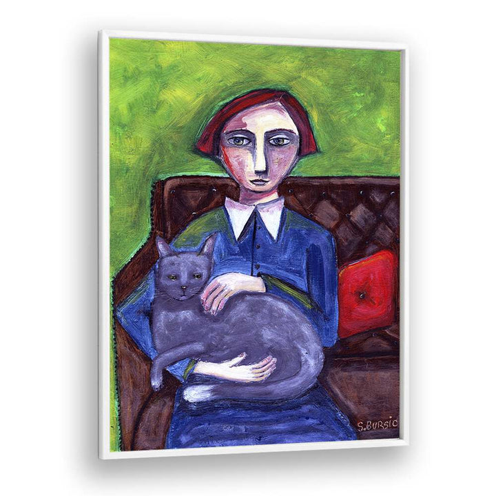 lady on couch with cat women illustration paintings in White Plain Frame