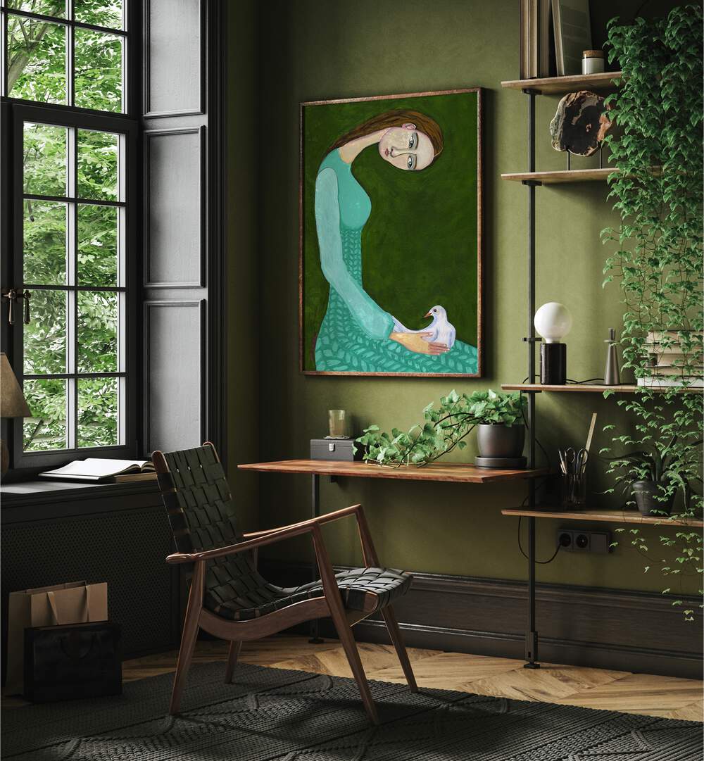 lady sitting with white dove bird woman women illustration paintings Artwork I placed on a wall