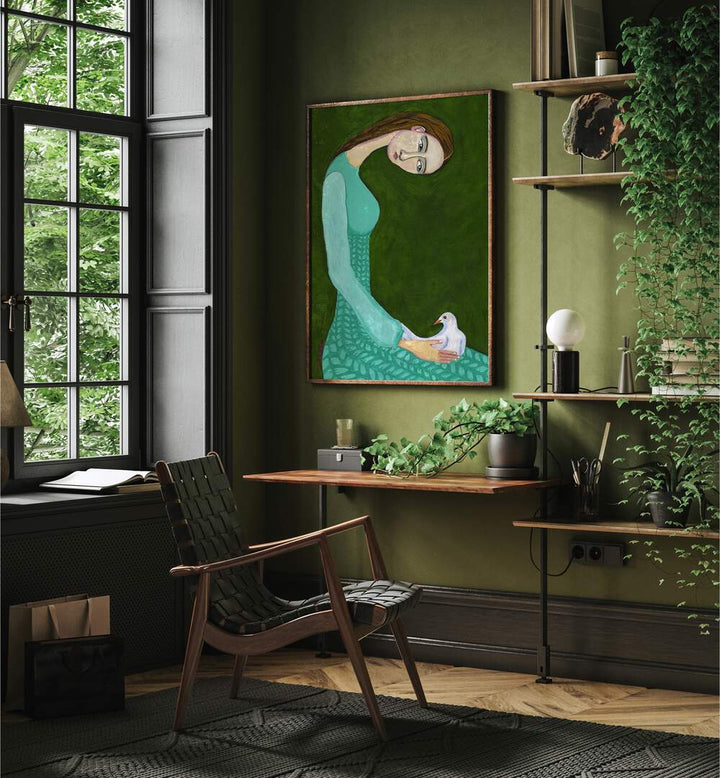 lady sitting with white dove bird woman women illustration paintings Artwork I placed on a wall