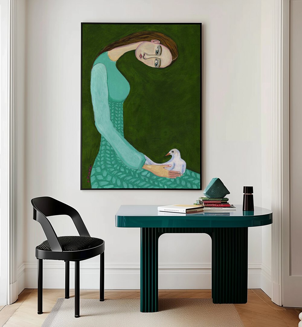 lady sitting with white dove bird woman women illustration paintings Artwork II placed on a wall