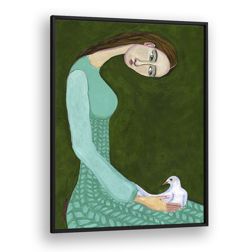 lady sitting with white dove bird woman women illustration paintings in Black Plain Frame