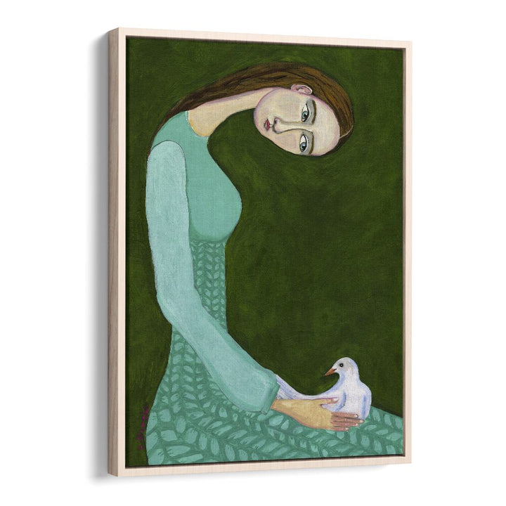 lady sitting with white dove bird woman women illustration paintings in Oak Wood Floater Frame