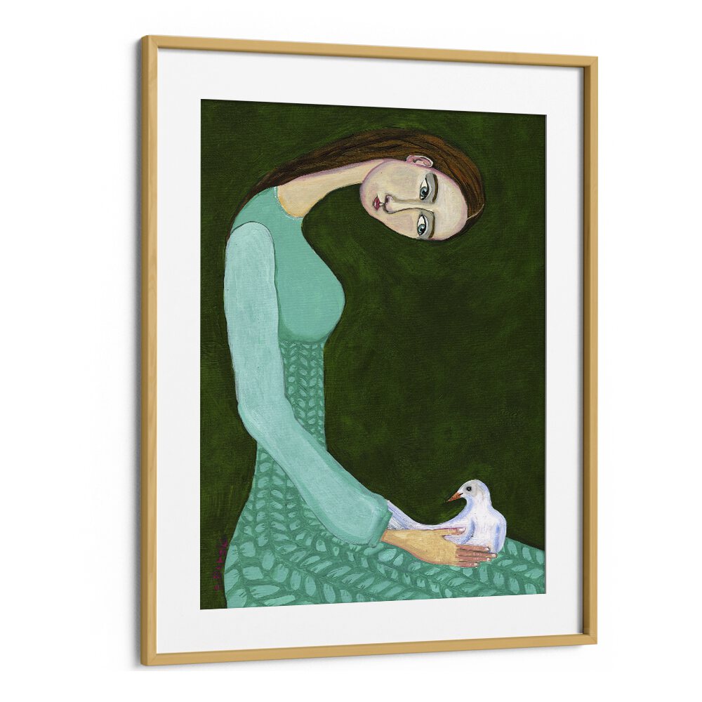 lady sitting with white dove bird woman women illustration paintings in Oak Wood Frame With Mount