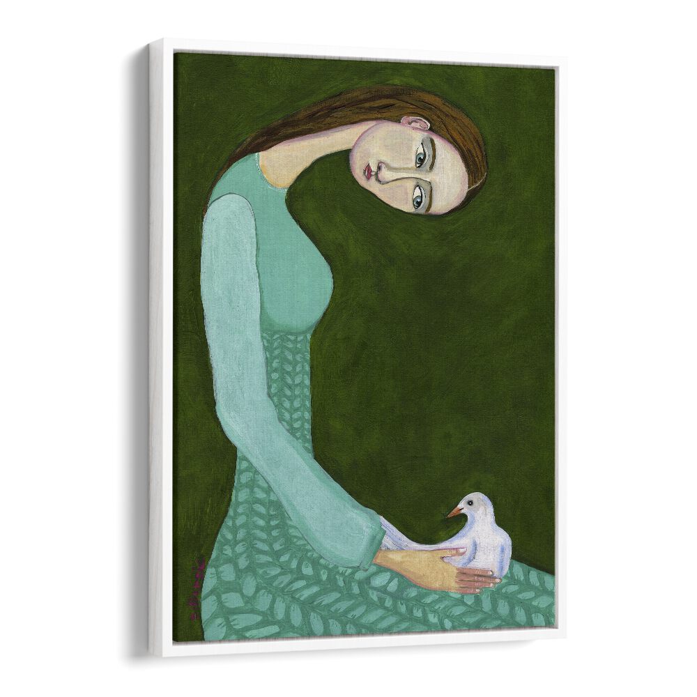 lady sitting with white dove bird woman women illustration paintings in White Floater Frame