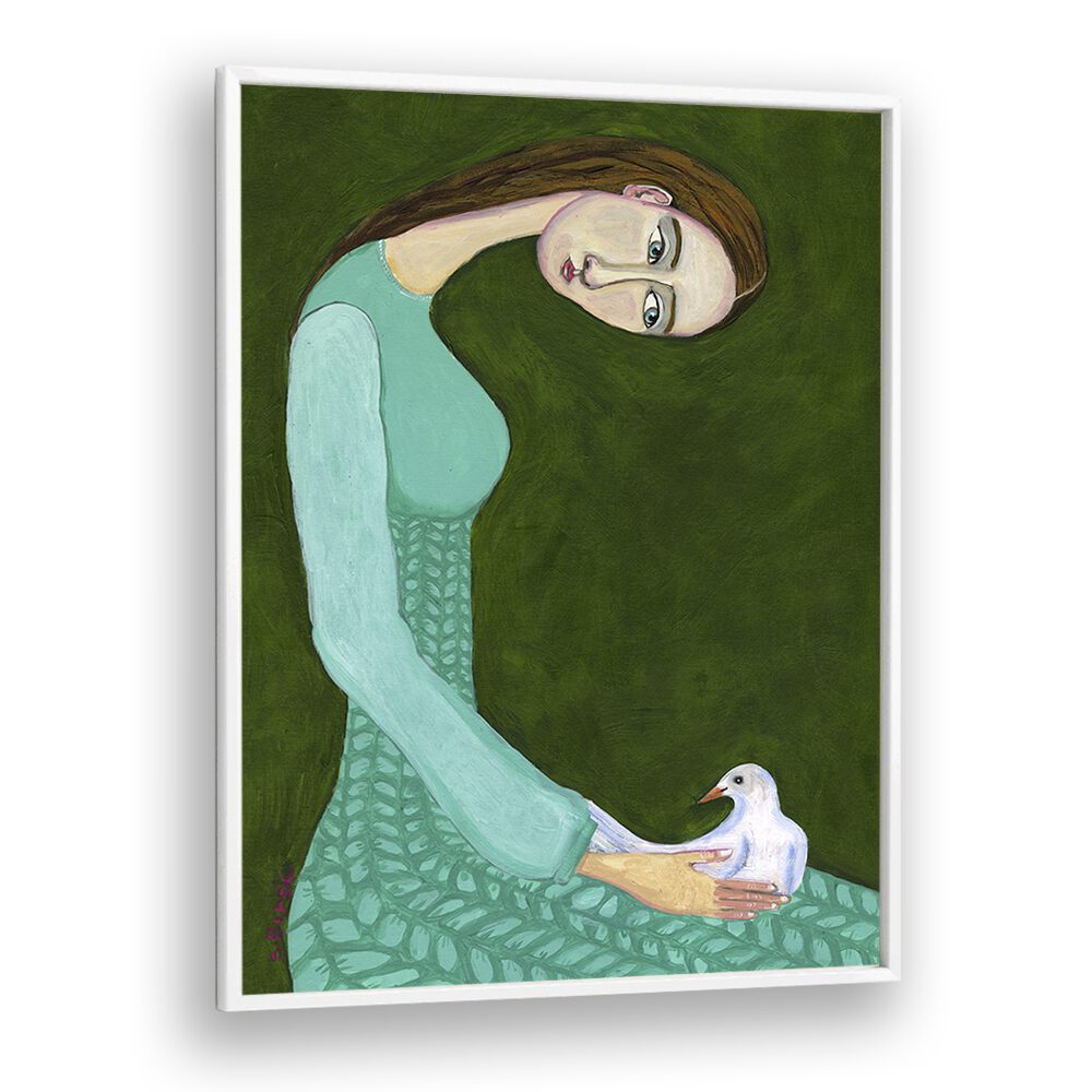 lady sitting with white dove bird woman women illustration paintings in White Plain Frame