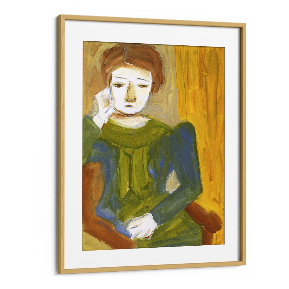 lady thinking women illustration paintings in Oak Wood Frame With Mount