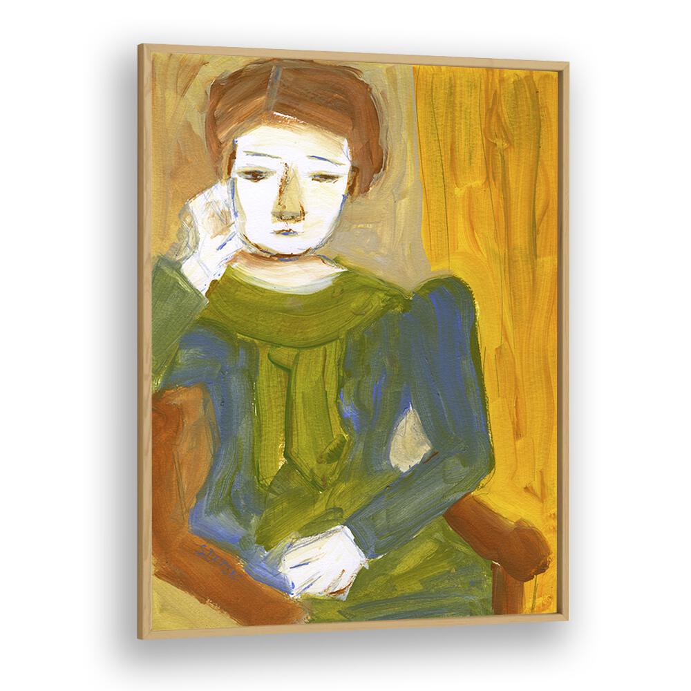 lady thinking women illustration paintings in Oak Wood Plain Frame